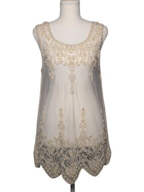 Embroidered Cream Mesh Sleeveless Camisole